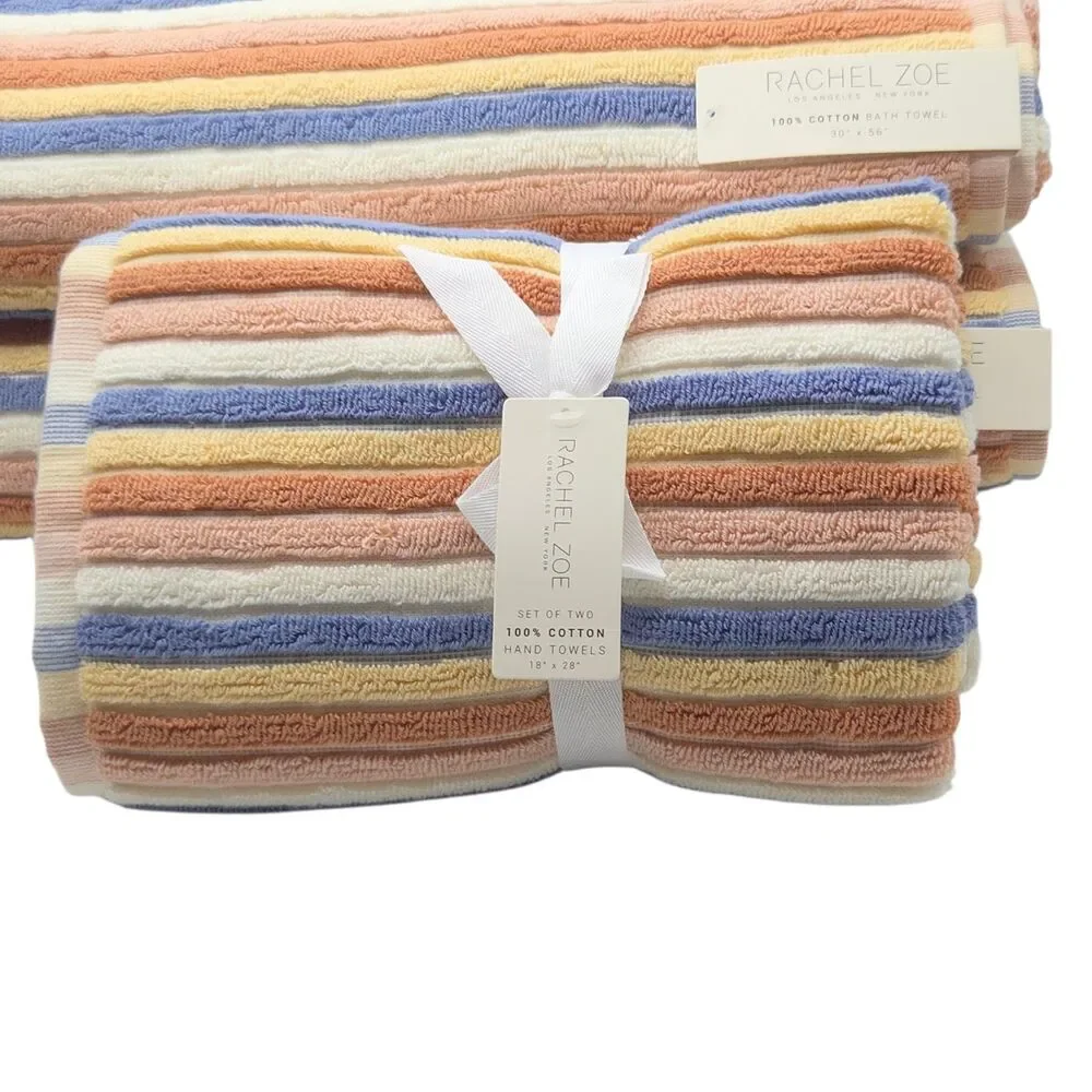 Rachel Zoe 4pc Cotton Bath Hand Towel Set Earthy Neutral Color Stripe Boho Fall